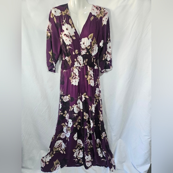 Jaase Pants - Jaase Floral Wide Leg Jumpsuit Size L Plum Purple Boho Smocked Waist Rayon